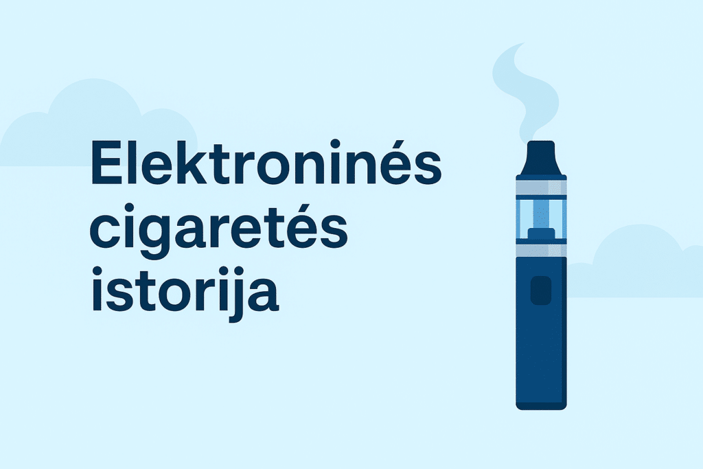 Minimalistinė iliustracija su tekstu „Elektroninės cigaretės istorija“ ir šiuolaikiniu garinimo įrenginiu bei garų debesėliu fone.