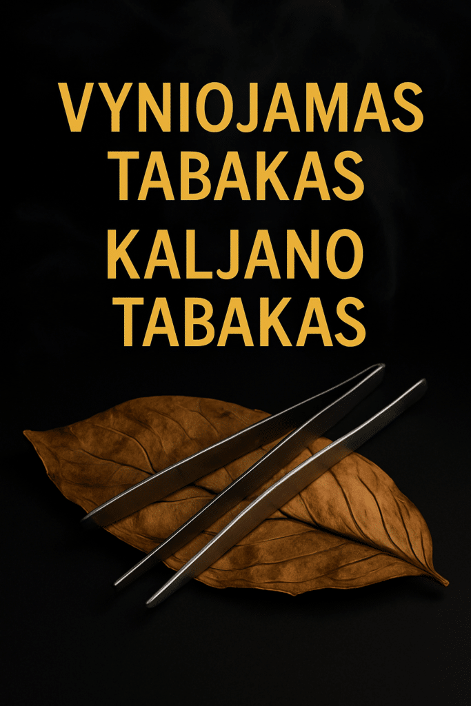 Padėtas vyniojamas tabakas ir kaljano tabakas, šalia įrankiai, lengvas dūmas fone, tekstas „Vyniojamas tabakas ir tabakas kaljanui“.