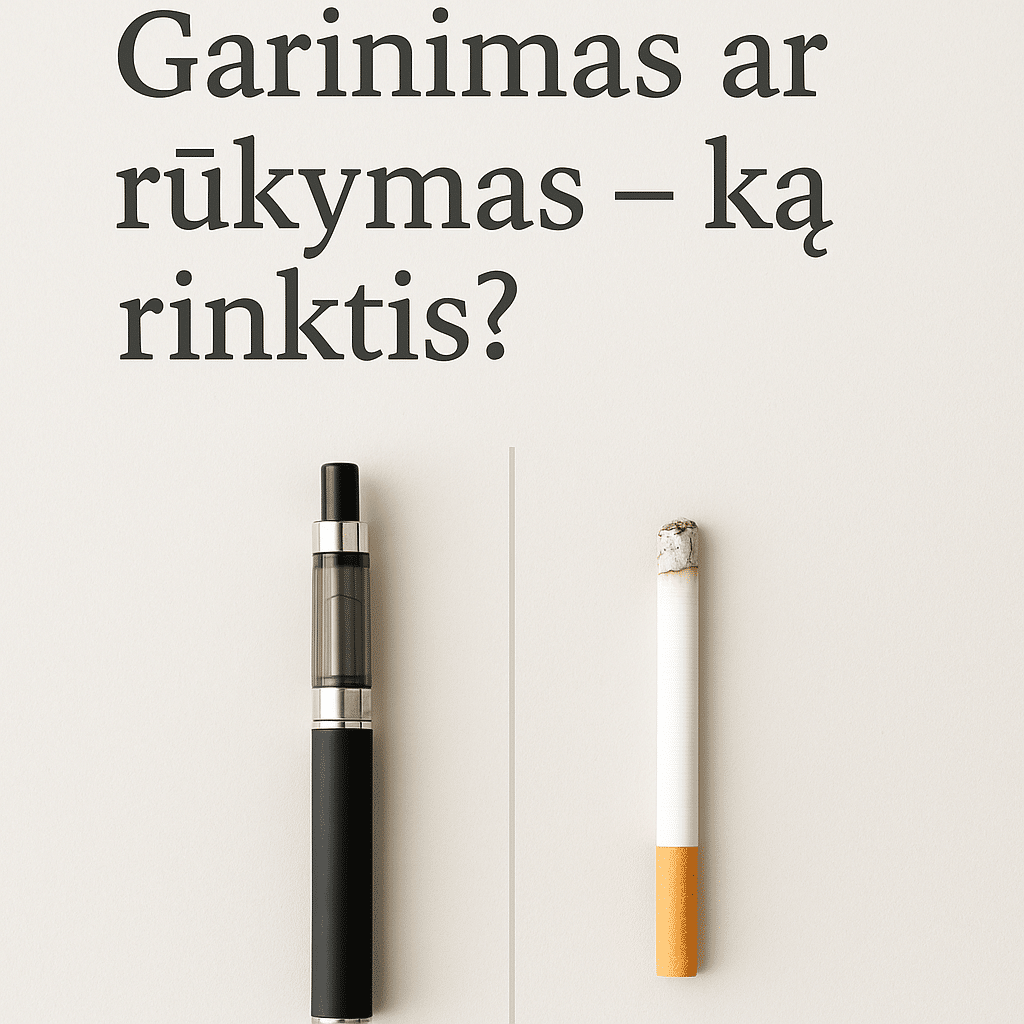 Infografika, kurioje šalia vienas kito pavaizduoti elektroninė cigaretė ir tradicinė cigaretė su užrašu „Garinimas ar rūkymas – ką rinktis?“